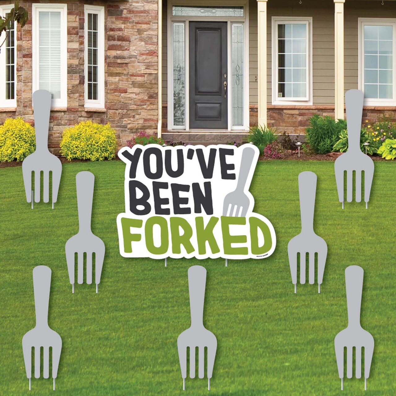 Big Dot of Happiness You've Been Forked - Yard Sign and Outdoor Lawn Decorations - Funny Fork Prank Yard Signs - Set of 8